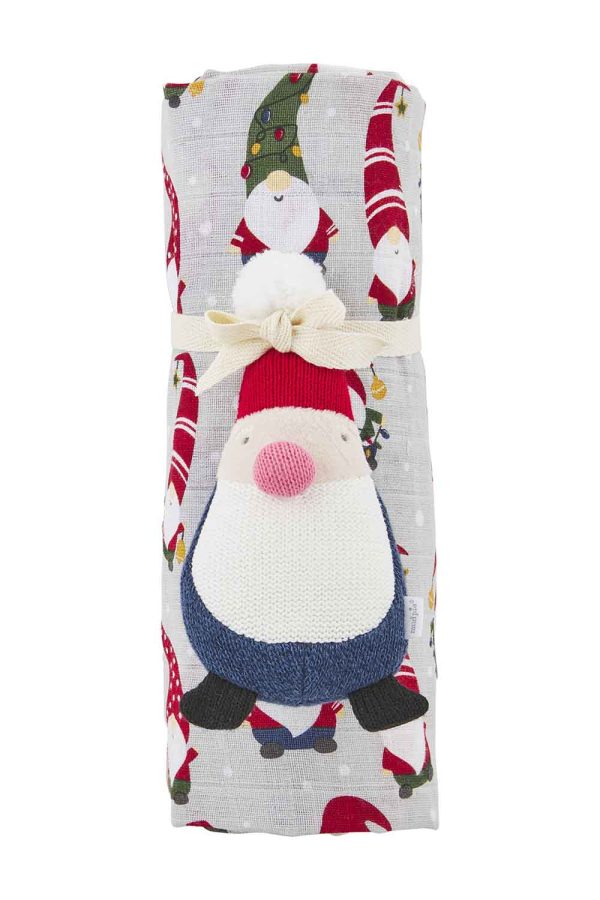 SIDEWALK SALE ITEM - Holiday Swaddle + Rattle Set - Gnome For Discount