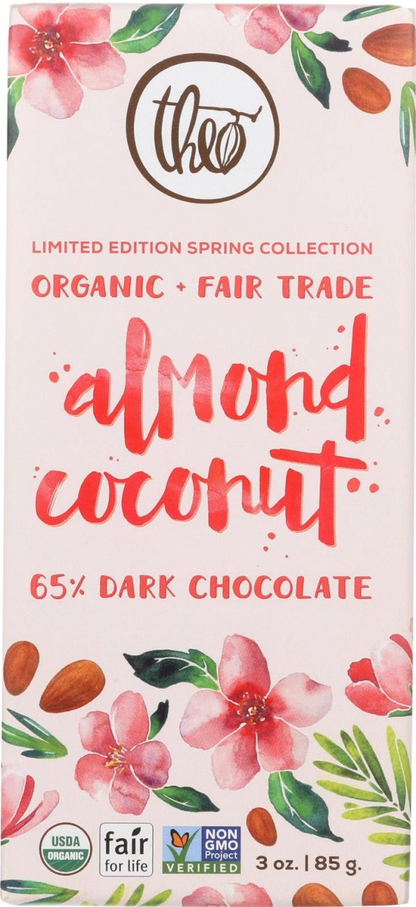 Theo Chocolate Almond Coconut - 65 Percent Dark Chocolate - Case Of 12 - 3 Oz. Supply